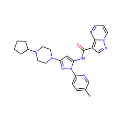 Cc1ccc(-n2nc(N3CCN(C4CCCC4)CC3)cc2NC(=O)c2cnn3cccnc23)nc1 ZINC000204781417