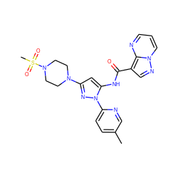 Cc1ccc(-n2nc(N3CCN(S(C)(=O)=O)CC3)cc2NC(=O)c2cnn3cccnc23)nc1 ZINC000204767028