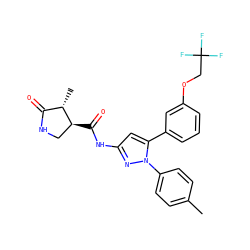 Cc1ccc(-n2nc(NC(=O)[C@H]3CNC(=O)[C@@H]3C)cc2-c2cccc(OCC(F)(F)F)c2)cc1 ZINC000169707156