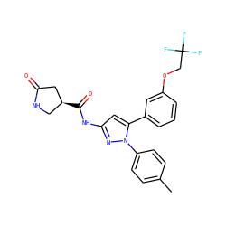 Cc1ccc(-n2nc(NC(=O)[C@H]3CNC(=O)C3)cc2-c2cccc(OCC(F)(F)F)c2)cc1 ZINC000169707155