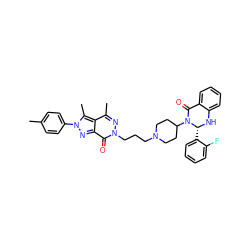 Cc1ccc(-n2nc3c(=O)n(CCCN4CCC(N5C(=O)c6ccccc6N[C@@H]5c5ccccc5F)CC4)nc(C)c3c2C)cc1 ZINC001772658050