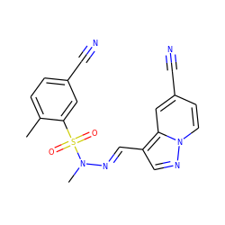 Cc1ccc(C#N)cc1S(=O)(=O)N(C)/N=C/c1cnn2ccc(C#N)cc12 ZINC000073199137