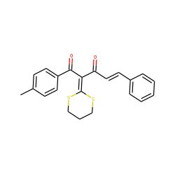 Cc1ccc(C(=O)C(C(=O)/C=C/c2ccccc2)=C2SCCCS2)cc1 ZINC000002049022