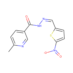 Cc1ccc(C(=O)N/N=C\c2ccc([N+](=O)[O-])s2)cn1 ZINC000004724736