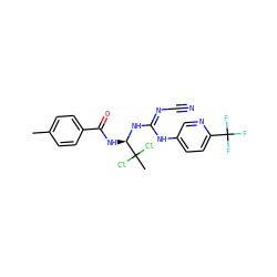 Cc1ccc(C(=O)N[C@@H](N/C(=N/C#N)Nc2ccc(C(F)(F)F)nc2)C(C)(Cl)Cl)cc1 ZINC000028866503