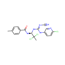 Cc1ccc(C(=O)N[C@@H](N/C(=N/C#N)Nc2ccc(Cl)nc2)C(C)(Cl)Cl)cc1 ZINC000028866402