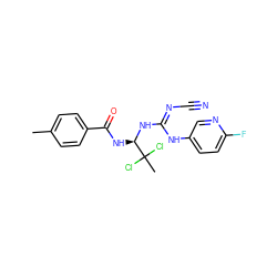 Cc1ccc(C(=O)N[C@@H](N/C(=N/C#N)Nc2ccc(F)nc2)C(C)(Cl)Cl)cc1 ZINC000028866610