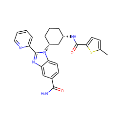 Cc1ccc(C(=O)N[C@H]2CCC[C@@H](n3c(-c4ccccn4)nc4cc(C(N)=O)ccc43)C2)s1 ZINC000653829282