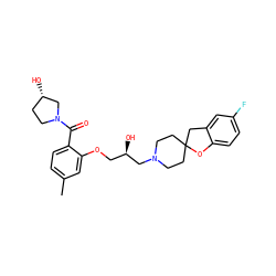 Cc1ccc(C(=O)N2CC[C@H](O)C2)c(OC[C@@H](O)CN2CCC3(CC2)Cc2cc(F)ccc2O3)c1 ZINC000038431887