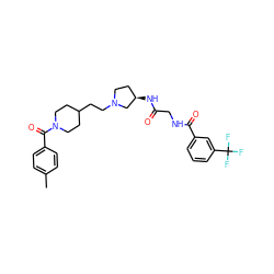 Cc1ccc(C(=O)N2CCC(CCN3CC[C@@H](NC(=O)CNC(=O)c4cccc(C(F)(F)F)c4)C3)CC2)cc1 ZINC000049781025