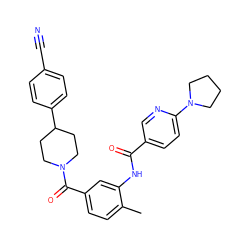 Cc1ccc(C(=O)N2CCC(c3ccc(C#N)cc3)CC2)cc1NC(=O)c1ccc(N2CCCC2)nc1 ZINC000095583726