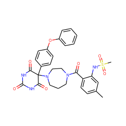 Cc1ccc(C(=O)N2CCCN(C3(c4ccc(Oc5ccccc5)cc4)C(=O)NC(=O)NC3=O)CC2)c(NS(C)(=O)=O)c1 ZINC000072110816