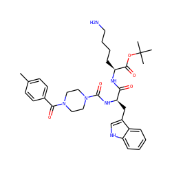 Cc1ccc(C(=O)N2CCN(C(=O)N[C@H](Cc3c[nH]c4ccccc34)C(=O)N[C@@H](CCCCN)C(=O)OC(C)(C)C)CC2)cc1 ZINC000026660041