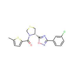 Cc1ccc(C(=O)N2CSC[C@@H]2c2nc(-c3cccc(Cl)c3)no2)s1 ZINC000034886872