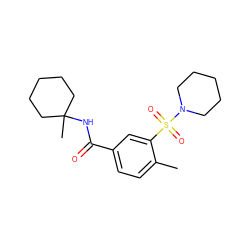 Cc1ccc(C(=O)NC2(C)CCCCC2)cc1S(=O)(=O)N1CCCCC1 ZINC000029037974