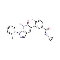 Cc1ccc(C(=O)NC2CC2)cc1-c1cc2cnn(-c3ccccc3C)c2n(C)c1=O ZINC000049067386