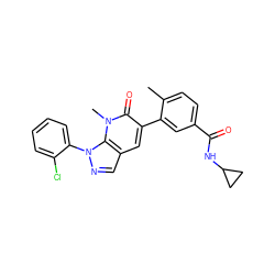 Cc1ccc(C(=O)NC2CC2)cc1-c1cc2cnn(-c3ccccc3Cl)c2n(C)c1=O ZINC000049067402