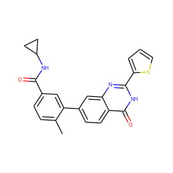 Cc1ccc(C(=O)NC2CC2)cc1-c1ccc2c(=O)[nH]c(-c3cccs3)nc2c1 ZINC000040972832