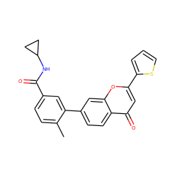 Cc1ccc(C(=O)NC2CC2)cc1-c1ccc2c(=O)cc(-c3cccs3)oc2c1 ZINC000040974804