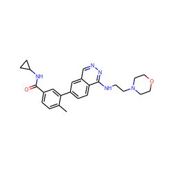 Cc1ccc(C(=O)NC2CC2)cc1-c1ccc2c(NCCN3CCOCC3)nncc2c1 ZINC000040953247