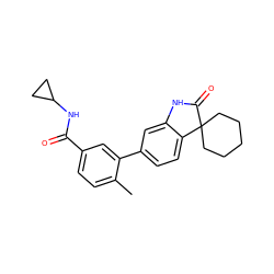 Cc1ccc(C(=O)NC2CC2)cc1-c1ccc2c(c1)NC(=O)C21CCCCC1 ZINC000072111261