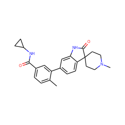 Cc1ccc(C(=O)NC2CC2)cc1-c1ccc2c(c1)NC(=O)C21CCN(C)CC1 ZINC000072181655