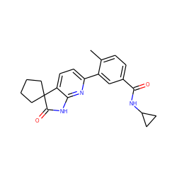 Cc1ccc(C(=O)NC2CC2)cc1-c1ccc2c(n1)NC(=O)C21CCCC1 ZINC000072182397