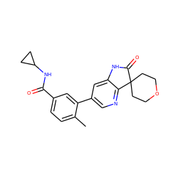 Cc1ccc(C(=O)NC2CC2)cc1-c1cnc2c(c1)NC(=O)C21CCOCC1 ZINC000072180064