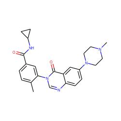 Cc1ccc(C(=O)NC2CC2)cc1-n1cnc2ccc(N3CCN(C)CC3)cc2c1=O ZINC000084651956