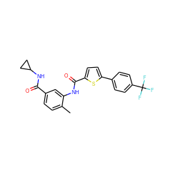 Cc1ccc(C(=O)NC2CC2)cc1NC(=O)c1ccc(-c2ccc(C(F)(F)F)cc2)s1 ZINC000096927948