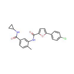 Cc1ccc(C(=O)NC2CC2)cc1NC(=O)c1ccc(-c2ccc(Cl)cc2)o1 ZINC000044735540