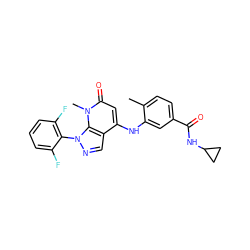 Cc1ccc(C(=O)NC2CC2)cc1Nc1cc(=O)n(C)c2c1cnn2-c1c(F)cccc1F ZINC000043012161