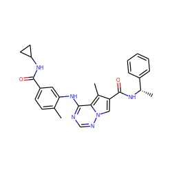 Cc1ccc(C(=O)NC2CC2)cc1Nc1ncnn2cc(C(=O)N[C@@H](C)c3ccccc3)c(C)c12 ZINC000064286895