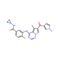 Cc1ccc(C(=O)NC2CC2)cc1Nc1ncnn2cc(C(=O)c3ccn(C)c3)c(C)c12 ZINC000072178955