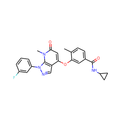 Cc1ccc(C(=O)NC2CC2)cc1Oc1cc(=O)n(C)c2c1cnn2-c1cccc(F)c1 ZINC000043068450