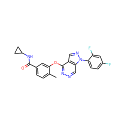 Cc1ccc(C(=O)NC2CC2)cc1Oc1nncc2c1cnn2-c1ccc(F)cc1F ZINC000049110130