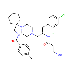 Cc1ccc(C(=O)NCC2(N3CCN(C(=O)[C@@H](Cc4ccc(Cl)cc4Cl)NC(=O)CCN)CC3)CCCCC2)cc1 ZINC000028396787