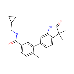 Cc1ccc(C(=O)NCC2CC2)cc1-c1ccc2c(c1)NC(=O)C2(C)C ZINC000117957612