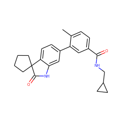 Cc1ccc(C(=O)NCC2CC2)cc1-c1ccc2c(c1)NC(=O)C21CCCC1 ZINC000072109394