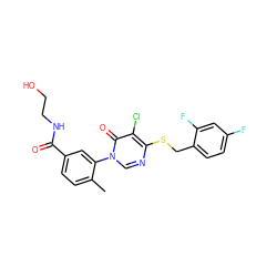 Cc1ccc(C(=O)NCCO)cc1-n1cnc(SCc2ccc(F)cc2F)c(Cl)c1=O ZINC000072175437