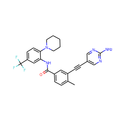 Cc1ccc(C(=O)Nc2cc(C(F)(F)F)ccc2N2CCCCC2)cc1C#Cc1cnc(N)nc1 ZINC000014957125