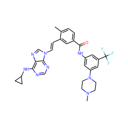 Cc1ccc(C(=O)Nc2cc(N3CCN(C)CC3)cc(C(F)(F)F)c2)cc1/C=C/n1cnc2c(NC3CC3)ncnc21 ZINC000043060804