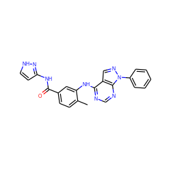 Cc1ccc(C(=O)Nc2cc[nH]n2)cc1Nc1ncnc2c1cnn2-c1ccccc1 ZINC000029050000