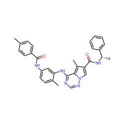 Cc1ccc(C(=O)Nc2ccc(C)c(Nc3ncnn4cc(C(=O)N[C@@H](C)c5ccccc5)c(C)c34)c2)cc1 ZINC000029049765