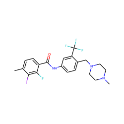 Cc1ccc(C(=O)Nc2ccc(CN3CCN(C)CC3)c(C(F)(F)F)c2)c(F)c1I ZINC001772652630