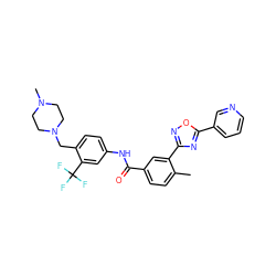 Cc1ccc(C(=O)Nc2ccc(CN3CCN(C)CC3)c(C(F)(F)F)c2)cc1-c1noc(-c2cccnc2)n1 ZINC001772611768