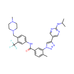 Cc1ccc(C(=O)Nc2ccc(CN3CCN(C)CC3)c(C(F)(F)F)c2)cc1-n1cc(-c2cnc(NC(C)C)nc2)nn1 ZINC000095575707