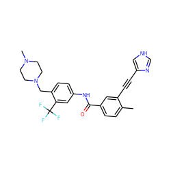 Cc1ccc(C(=O)Nc2ccc(CN3CCN(C)CC3)c(C(F)(F)F)c2)cc1C#Cc1c[nH]cn1 ZINC000071294261