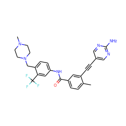 Cc1ccc(C(=O)Nc2ccc(CN3CCN(C)CC3)c(C(F)(F)F)c2)cc1C#Cc1cnc(N)nc1 ZINC001772579124