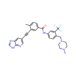 Cc1ccc(C(=O)Nc2ccc(CN3CCN(C)CC3)c(C(F)(F)F)c2)cc1C#Cc1cnc2[nH]cnc2c1 ZINC000053226510